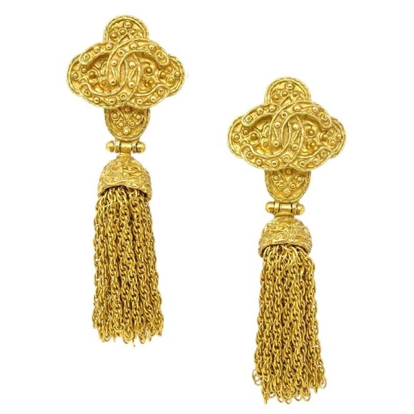 Chanel Fringe Charm Dangle Earrings Clip-On Gold - Picture 1 of 4